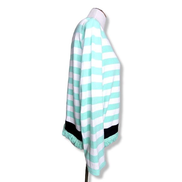 Crown & Ivy Stripe Fringe Hem Cotton Knit Top Navy Mint Size Medium - Picture 9 of 10